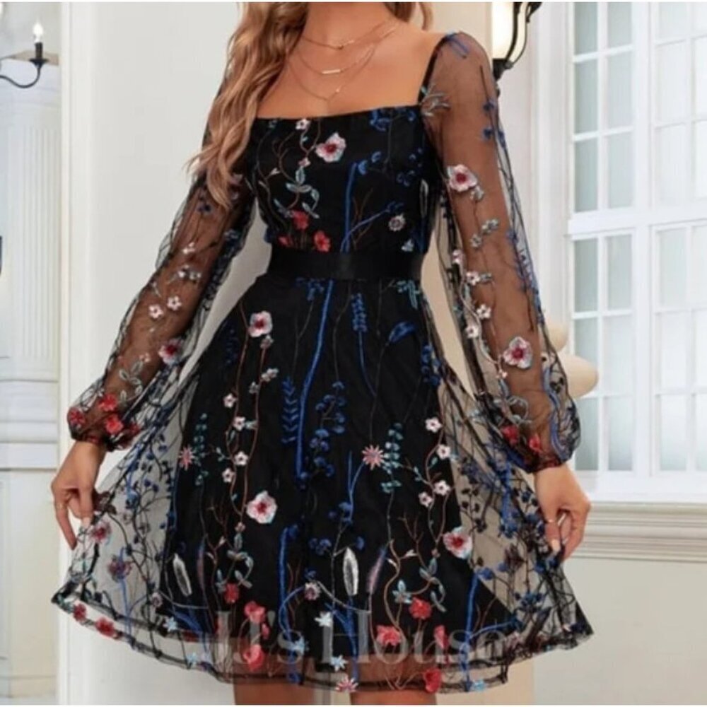 NWT JJ’s House Black Sheer Embroidered Dark Floral Romantic Dress Size M